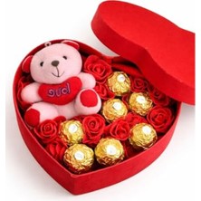 MarkEntegra Kırmızı Kalp Kutu Içinde Ferrero Rocher Hediye Seti, Sevimli Ayıcık