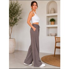 Musimino Moda Musımono Kadın Keten Bol Paça Lastikli Beli Bağcıklı Cepli Rahat Pantolon Vizon