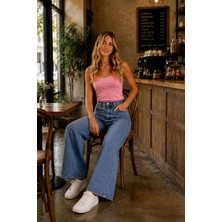Hies Mavi Renk Jeans, Likralı Esnek Yüksek Bel Bol Paça Palazzo Salaş Kot Pantolon