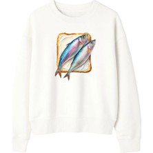 Yuniee Baskılı Unisex Oversize/geniş Kalıp Bisiklet Yaka Pamuklu Sweatshirt Glowfish Toast - Ekru