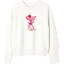 Yuniee Baskılı Unisex Oversize/geniş Kalıp Bisiklet Yaka Pamuklu Sweatshirt Cherry Cheers - Ekru