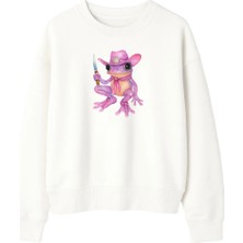 Yuniee Baskılı Unisex Oversize/geniş Kalıp Bisiklet Yaka Pamuklu Sweatshirt Cowgirl Glow - Ekru