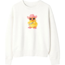 Yuniee Baskılı Unisex Oversize/geniş Kalıp Bisiklet Yaka Pamuklu Sweatshirt Duck Off - Ekru