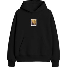 Yuniee Unisex Oversize Kapüşonlu Siyah Sweatshirt Pamuklu 3 Iplik Şardonlu Hoodie Between Silence & Smile