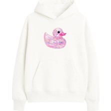 Yuniee Baskılı Unisex Oversize/geniş Kalıp Kapüşonlu Kalın Içi Polarlı/şardonlu Sweatshirt Party Quack - Ekru