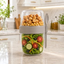 900 ml Çift Hazneli Salata Yoğurt Granola ve Müsli Kabı 300+600 ml Kaşık Çatallı Sariva Home