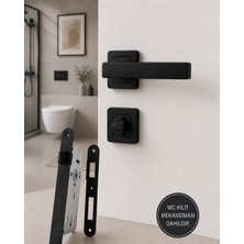 Bsm Akbaş Grup Kare Rozetli Wc Banyo Kapı Kolu Tam Set Mat Siyah Alüminyum Gövde 40 mm Sessiz Wc Kilit Mekanizması Dahil
