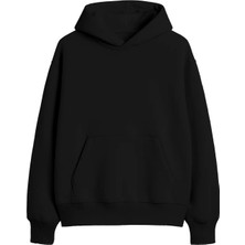 Yuniee Unisex Oversize Kapüşonlu Siyah Sweatshirt Pamuklu 3 Iplik Şardonlu Kalın Hoodie