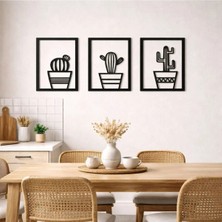 Arlia Design 3 Parçalı Kare Şeklinde Kaktüsler Ahşap Tablo Seti / Duvar Dekoru / Siyah 3 mm Mdf