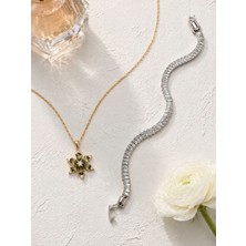 Seyn Accessory 316L Çelik Gold Lotus Kolye ve Zirkon Taşlı Su Yolu Bileklik 2'li Kadın Takı Kombin Set