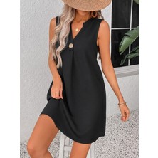 Gökyüzü Moda Kadın Kolsuz V Hakim Yakalı Düğmeli Kısa Elbise
