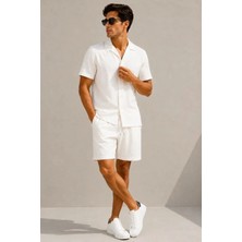 Gökyüzü Moda Erkek Krep Kumaş Nefes Alan Kısa Kollu Gömlek Cepli Şort Alt Üst Takım - Beyaz