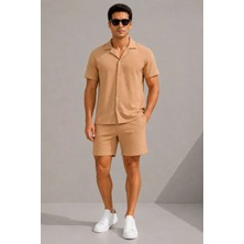 Gökyüzü Moda Erkek Krep Kumaş Nefes Alan Kısa Kollu Gömlek Cepli Şort Alt Üst Takım - Bej