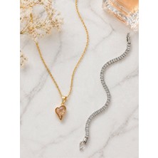 Seyn Accessory Gold Renk Paslanmaz Çelik Şampanya Taşlı Kalp Kolye Gümüş Kaplama Zirkon Su Yolu Bileklik Kombin Set
