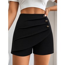 Alyn Wear Kadınyüksek Bel Önden Pileli ve Düğmeli Kısa Ithal Krep Şort