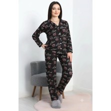 Marvelas Kadın Pijama Takımı Siyah Süet Dokulu Love Baskılı %100 Pamuk Uzun Kollu Düğmeli Rahat Kesim Ev Giyim