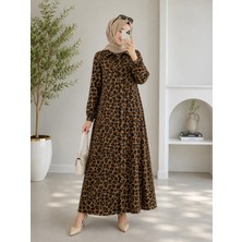 Zg Fashion Leopar Desenli Boydan Düğmeli Gömlek Yaka Uzun Kollu Maxi Tesettür Gömlek Elbise Kahve