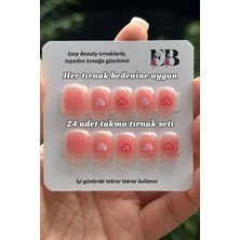 Easy Beauty 24 Adet French Kalp Desenli Kısa Takma Tırnak Seti Yapıştırıcı Bant Hediyeli R362