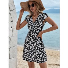 Alyn Wear Kadın Kısa Kollu Kruvaze Yaka Papatya Baskılı Krep Elbise