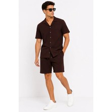 Alyn Wear Erkek Krep Kumaş Nefes Alan Kısa Kollu Gömlek Cepli Şort Alt Üst Takım - Kahverengi