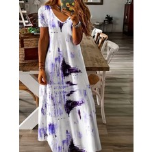 Pomeya  Kadın Kısa Kollu V Yakalı Desenli Uzun Süprem Elbise