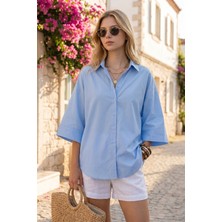Rmy Moda Kadın Mavi Sırt Pile Detaylı Poplin %100 Pamuk Oversize Gömlek