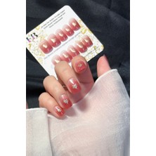 Easy Beauty Ombre Kısa Küt 24 Adet Takma Tırnak Seti Kalp Simli Tırnak R744
