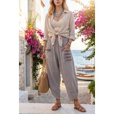 Rmy Moda Kadın Keten Gri Yıkamalı Keten Cebi Nakışlı Beli Lastikli Salaş Şalvar Pantolon