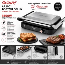 Arzum AR2001 Tostçu Delux 1800 W Granit Tost Makinesi, Çift Taraflı Plaka, 180 Derece Açılır Gövde, Inox