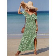 Deridün Yıldız Shoes Kadın Omuzlardan Açık Askılı Yırtmaçlı Desenli Uzun Süprem Elbise