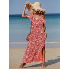 Gökyüzü Moda Kadın Omuzlardan Açık Askılı Yırtmaçlı Desenli Uzun Süprem Elbise