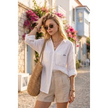 Rmy Moda Kadın Beyaz Müslin Kumaş %100 Pamuk Çift Cepli Oversize Gömlek
