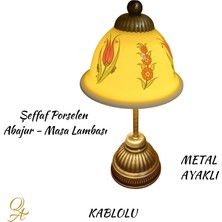 Qtahya Art Abajur-Masa ve Gece Lambası-Dekoratif-El Yapımı-Şeffaf Porselen Şapkalı-Kablolu
