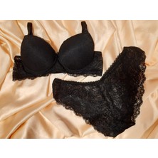 Tuhfetower  Premium Black Lace Kadın Siyah Dantelli Destekli Sütyen Külot Takımı