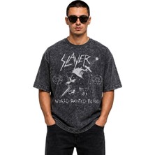 Fuddy Moda Unisex Slayer World Painted Blood Baskılı Yıkamalı Tişört, Oversize Rock Band Temalı Vintage Tshirt