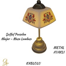 Qtahya Art Abajur-Masa ve Gece Lambası-Dekoratif-El Yapımı-Şeffaf Porselen Şapkalı-Kablolu