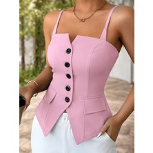 Gökyüzü Moda Kadın Askılı Önü Döğmeli Atlas Bluz