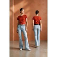 Hies Mavi Kar Ispanyol Jeans, Likralı Esnek Yüksek Bel Ispanyol Paça Bayan Kot Pantolon