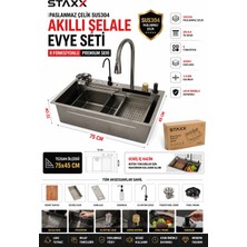 Staxx Power SUS304 Paslanmaz Çelik Akıllı Şelale Mutfak Evyesi 75X45 cm | 8 Fonksiyonlu Ankastre Evye Seti