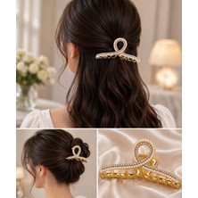 D2listone Taşlı ve Incili Kurdele Model Gold Renk 8 cm Metal Kadın Mandal Toka