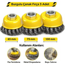 BRATİ HAND TOOLS Burgulu Çanak Fırça 65MM 75MM 100MM 3'lü Set Yüzey Pas Temizleme Boya Sökme Fırçası