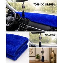 Mikasso Mavi Renkli Kısa Tüy Peluş Torpido Örtüsü ve Püsküllü Ayna Süsü