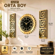 Eyka Store Dekoratif Duvar Saati ve Tablo Seti 3'lü Gold Aynalı Pleksi 3D Kabartmalı Mdf Duvar Dekoru Saat 40 cm Tablo 20X50 cm