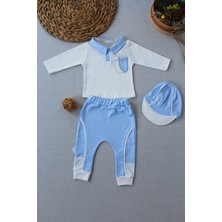 Veraura Lifestyle 3-6 6-9 9-12 Ay Efendi Nakışlı Cep Şapkalı Uzun Kollu Sweat 3lü Erkek Bebek Takımı Mavi