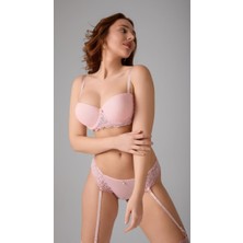 Bemy Store Straplez Yarım Destekli Sütyen, Slip Külot ve Jartiyer Çorap Takım Pudra