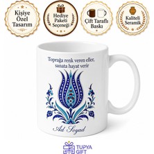 Tupya Gift Çini Boyayanlara Iznik Mavi Lale Motif Sır Altı Fırın Kupa Hediye Bardak