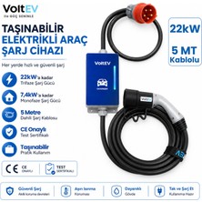VoltEV MAX 22kW Taşınabilir Elektrikli Araç Şarj Cihazı 5 Metre Kablolu | Trifaze | CE Belgeli