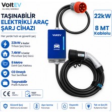 VoltEV MAX 22kW Taşınabilir Elektrikli Araç Şarj Cihazı 8 Metre Kablolu | Trifaze | CE Belgeli