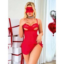 MTM My The Mall Giyim Kadın Kırmızı Tül Detaylı Göz Bantlı Gecelik ve Tanga Takımı Şık Tasarım
