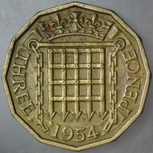 Banknoting Birleşik Krallık 3 Pence 1954 Kraliçe Iı. Elizabeth 21 mm Ingiltere.